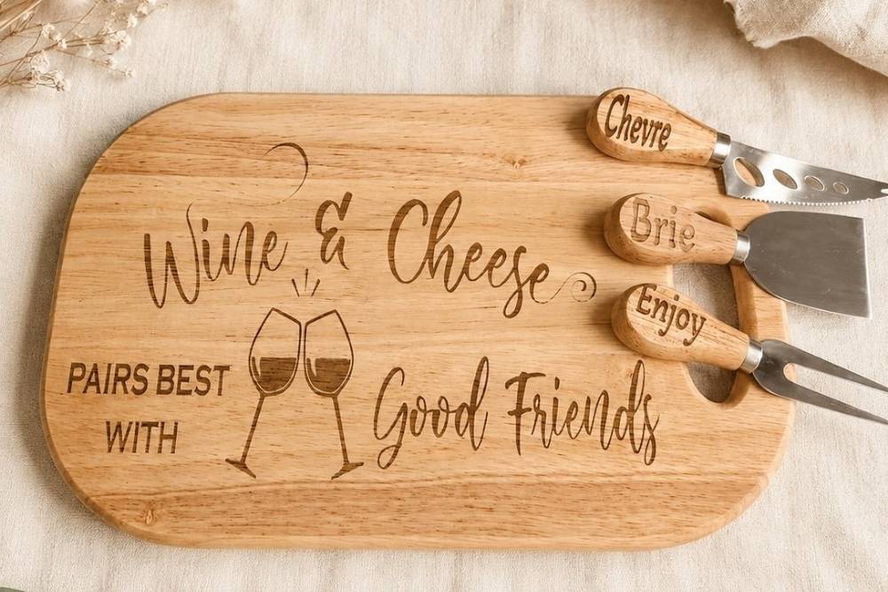 Laser engraved wooden cheese board with matching utensils resting on a fabric background-
